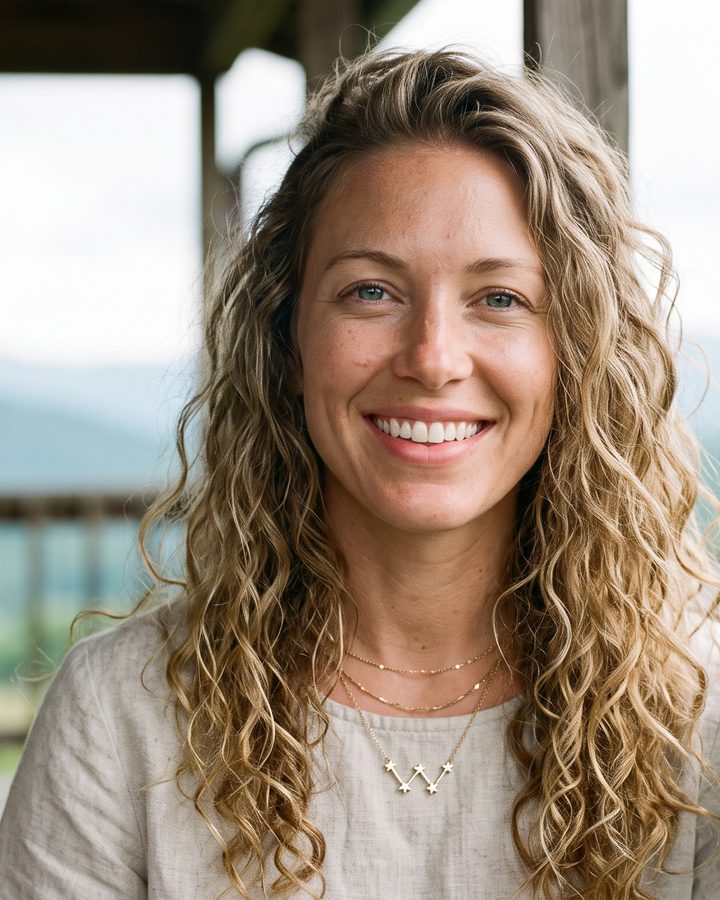 Cass, smiling on a wooden porch with blue mountains behind her